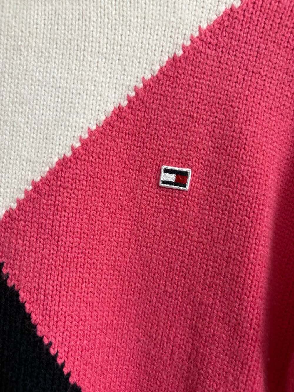 Tommy Hilfiger Colorblock Mock Neck Knit Sweater Pink Red Navy - Picture 2 of 4